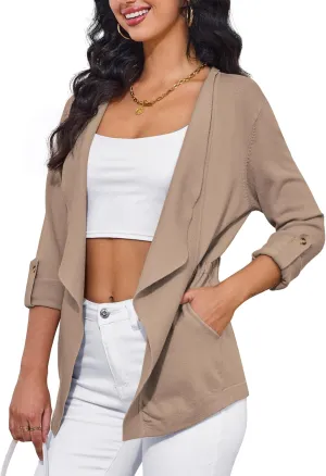 VERABENDI Womens Sweaters 3/4 Roll Sleeve Drawstring Waist Lapel Cardigan for Women with Pockets, S-XL