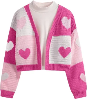 Verdusa Girl's Cute Heart Knitted Sweaters Open Front Long Sleeve Graphic Cardigan Sweater