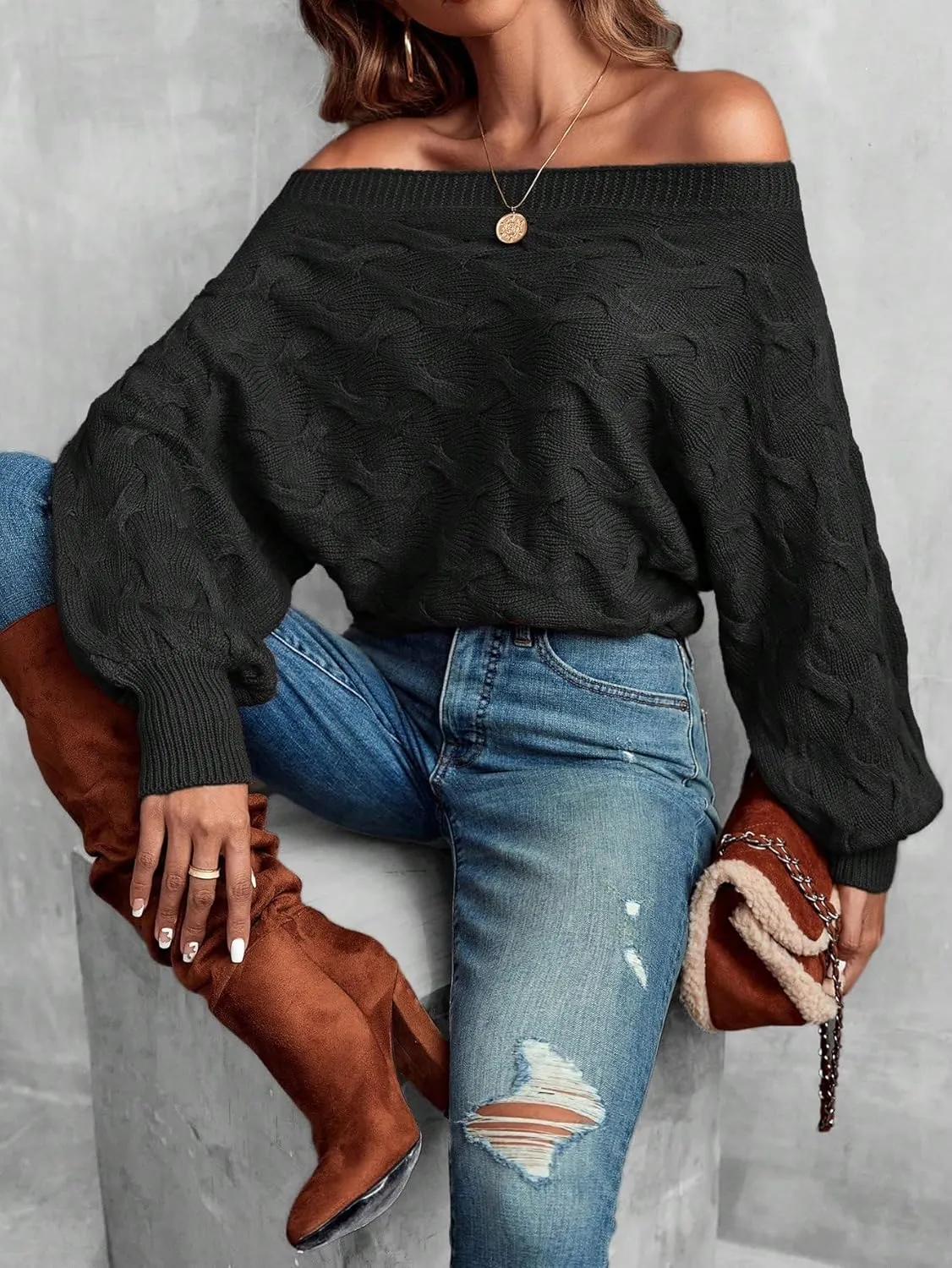 Verdusa Women's Off The Shoulder Sweater Top Dolman Sleeve Textured Knit Pullover Sweaters