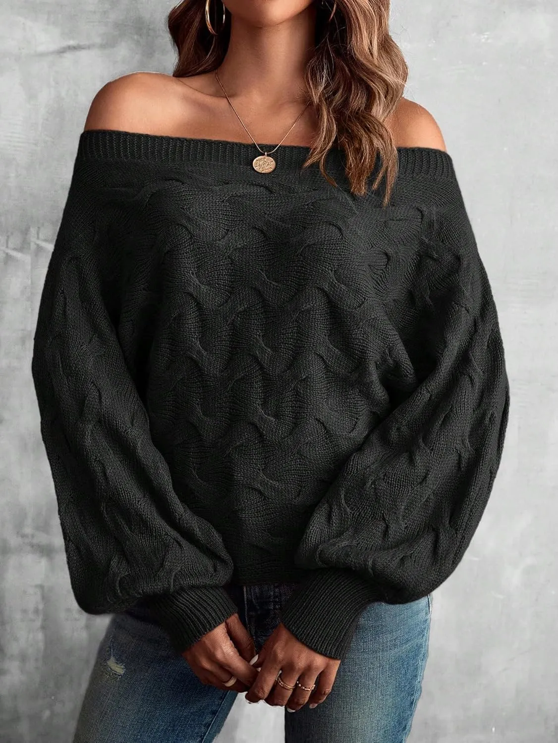 Verdusa Women's Off The Shoulder Sweater Top Dolman Sleeve Textured Knit Pullover Sweaters