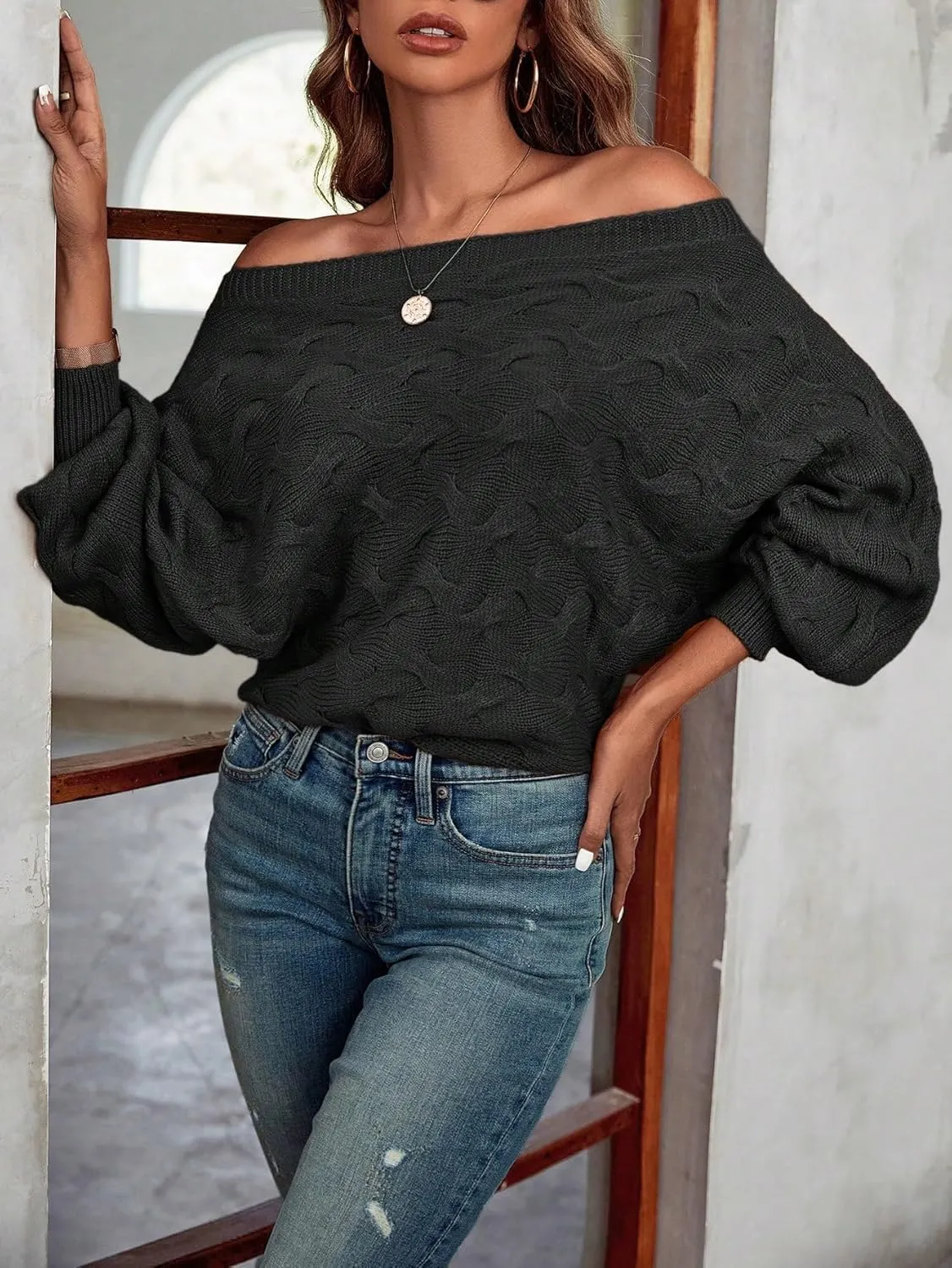 Verdusa Women's Off The Shoulder Sweater Top Dolman Sleeve Textured Knit Pullover Sweaters