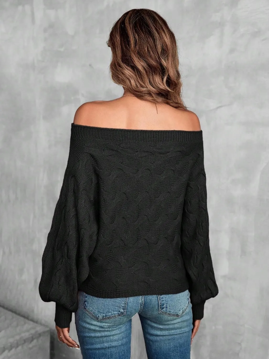 Verdusa Women's Off The Shoulder Sweater Top Dolman Sleeve Textured Knit Pullover Sweaters