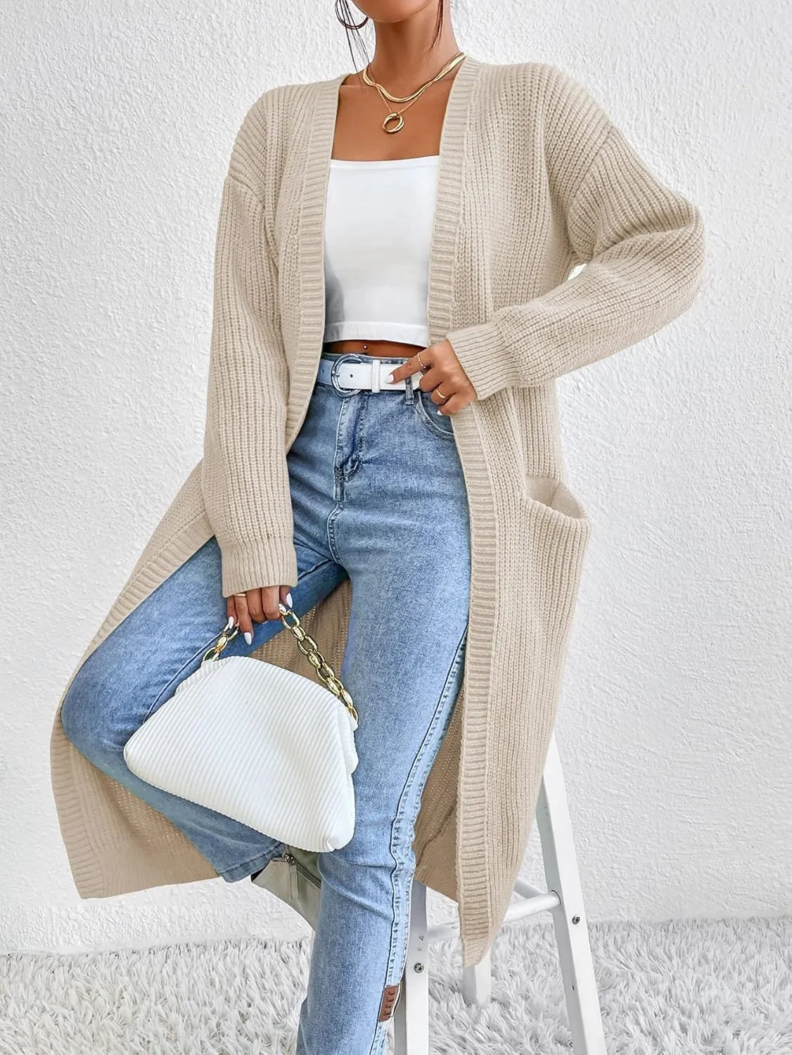 Verdusa Women's Open Front Long Cardigan Sweaters Long Sleeve Knit Outwear with Pockets