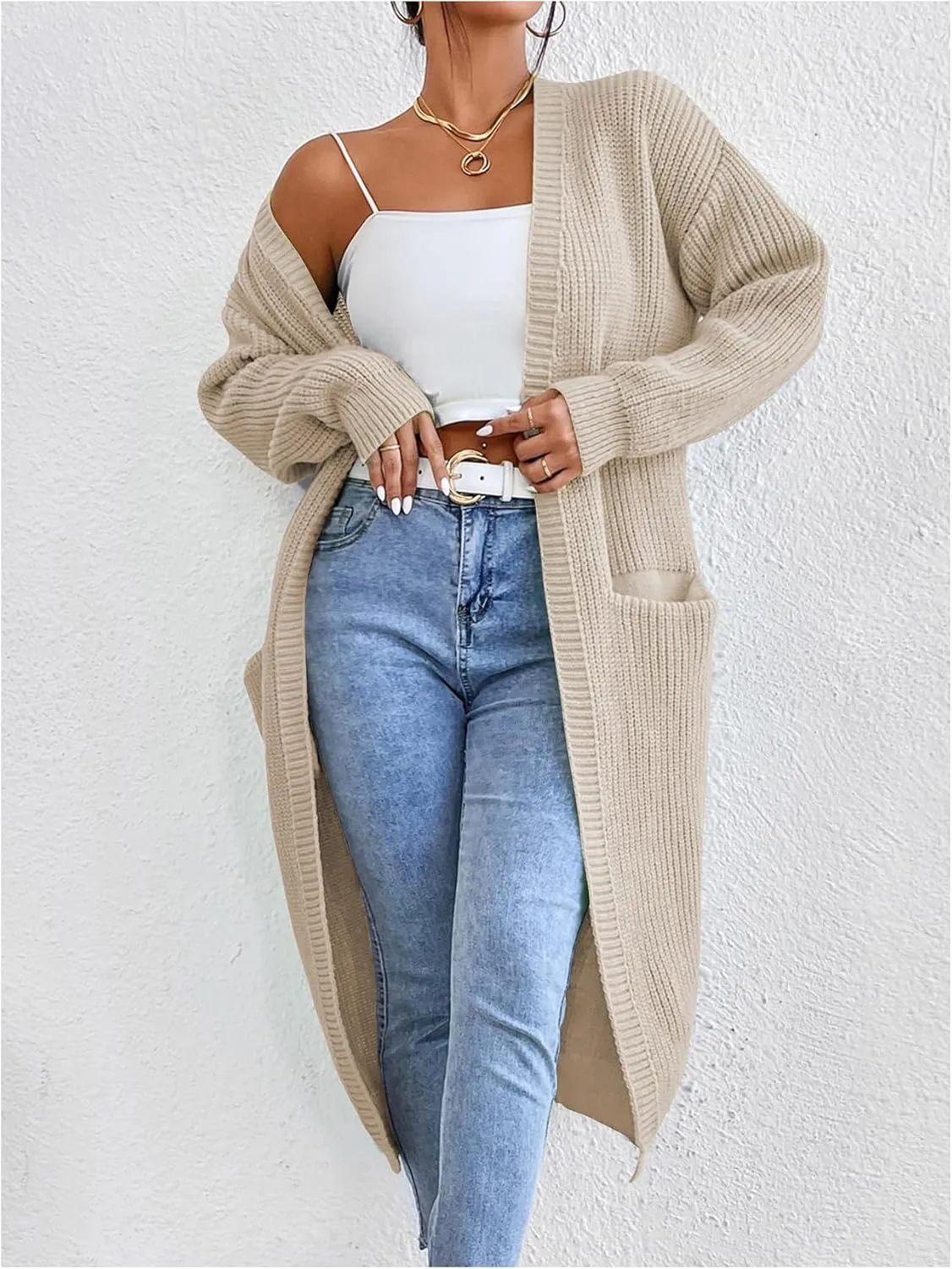 Verdusa Women's Open Front Long Cardigan Sweaters Long Sleeve Knit Outwear with Pockets