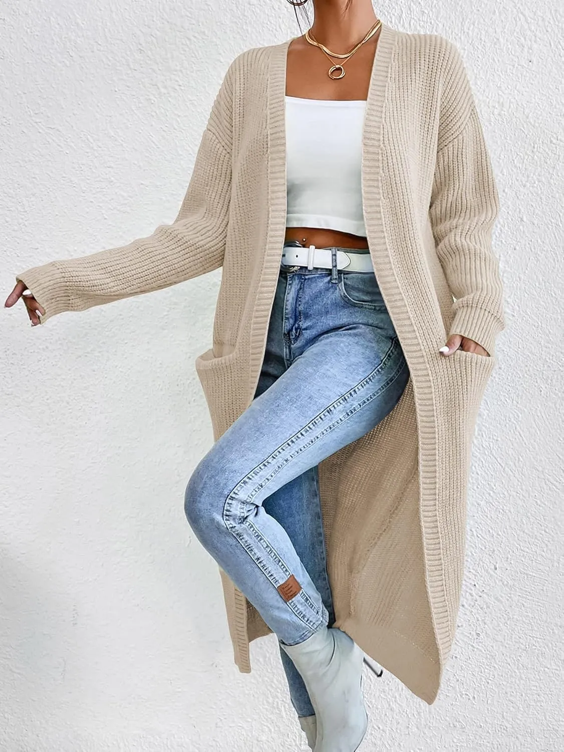 Verdusa Women's Open Front Long Cardigan Sweaters Long Sleeve Knit Outwear with Pockets