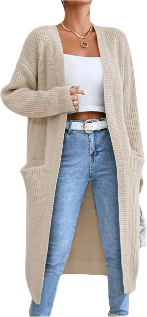 Verdusa Women's Open Front Long Cardigan Sweaters Long Sleeve Knit Outwear with Pockets