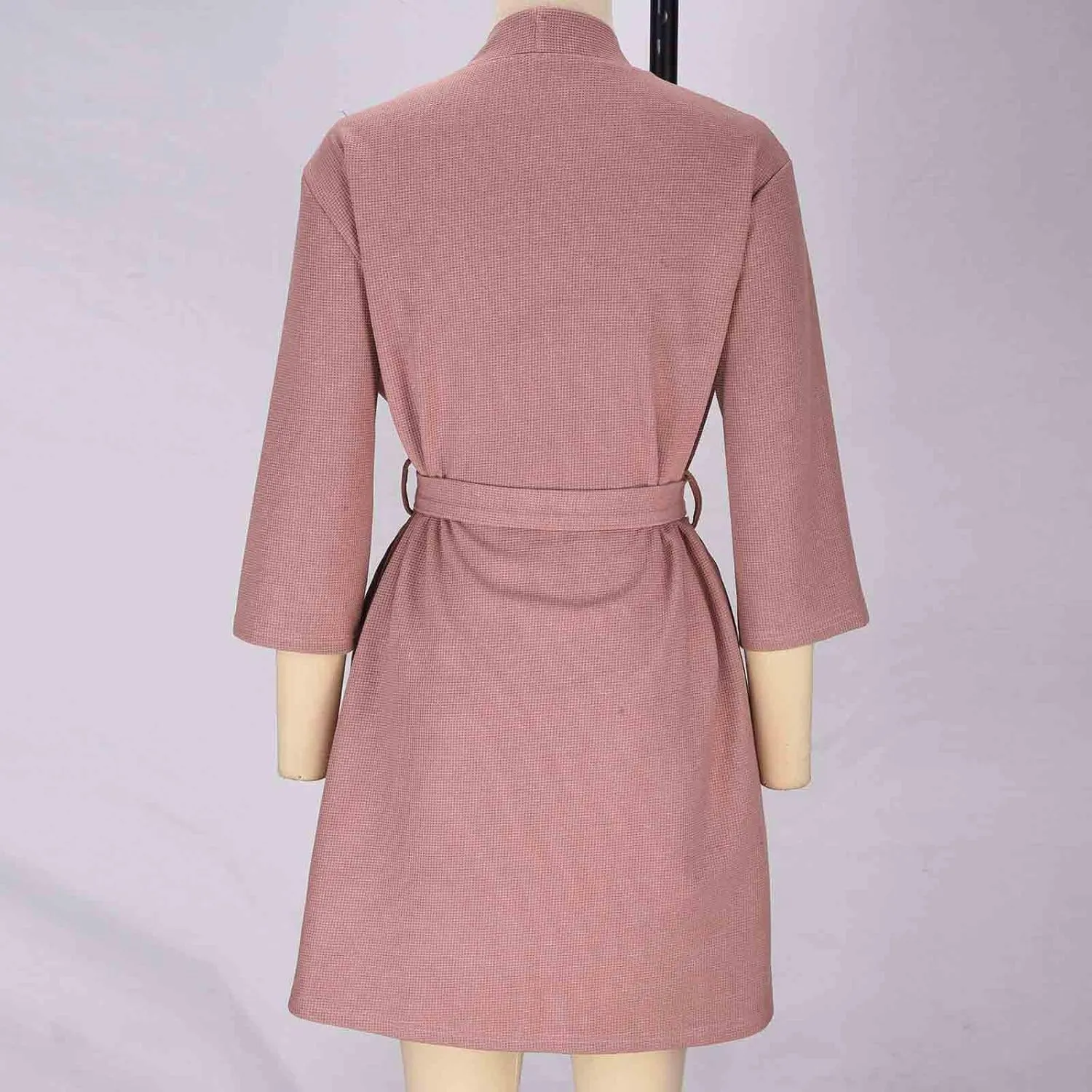 Waffle Bathrobe for Women V-Neck Pajamas Robe Solid Color Sleepwear Long Sleeve Nightgown Casual Bath Gown Nightwear