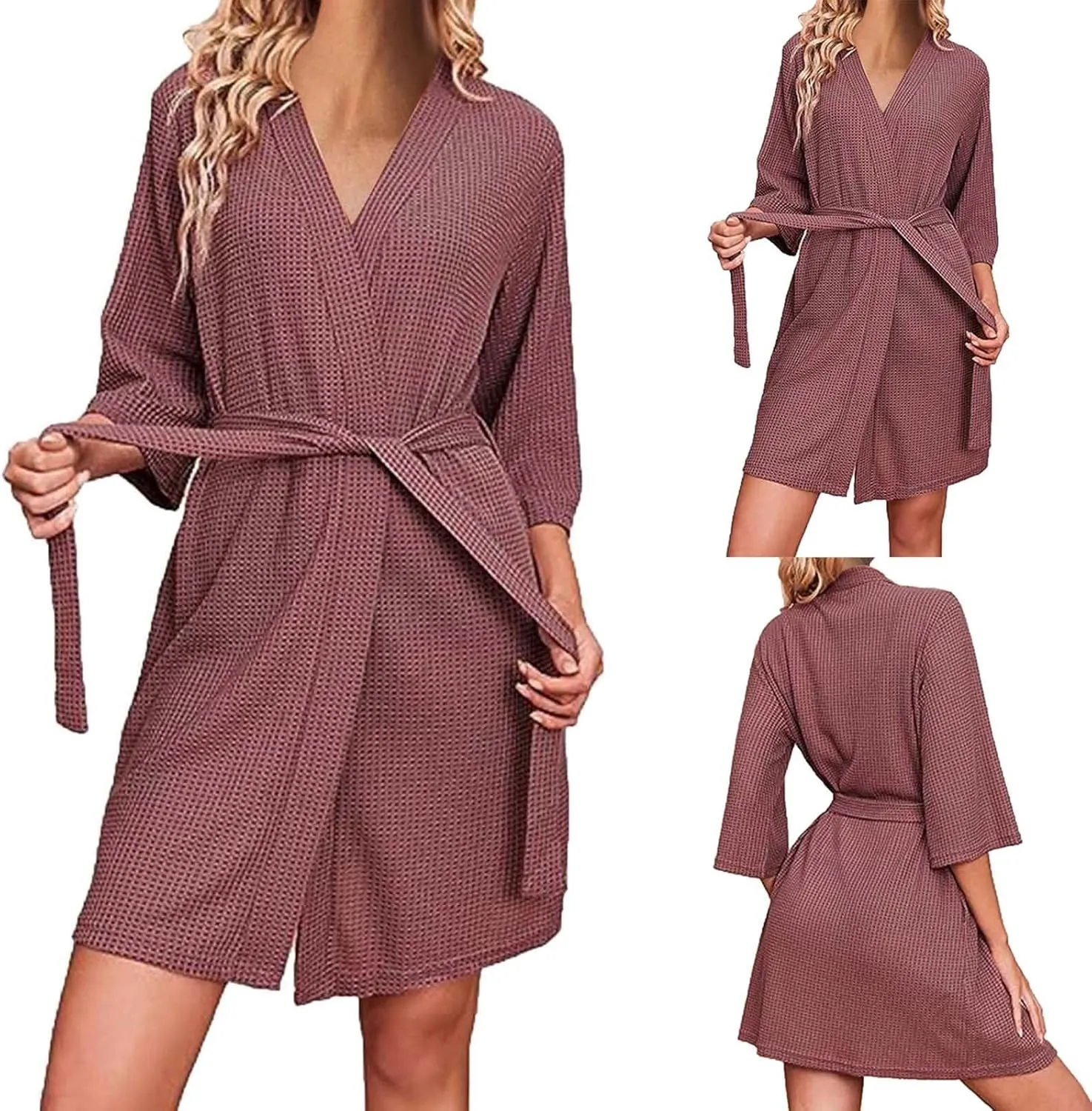Waffle Bathrobe for Women V-Neck Pajamas Robe Solid Color Sleepwear Long Sleeve Nightgown Casual Bath Gown Nightwear