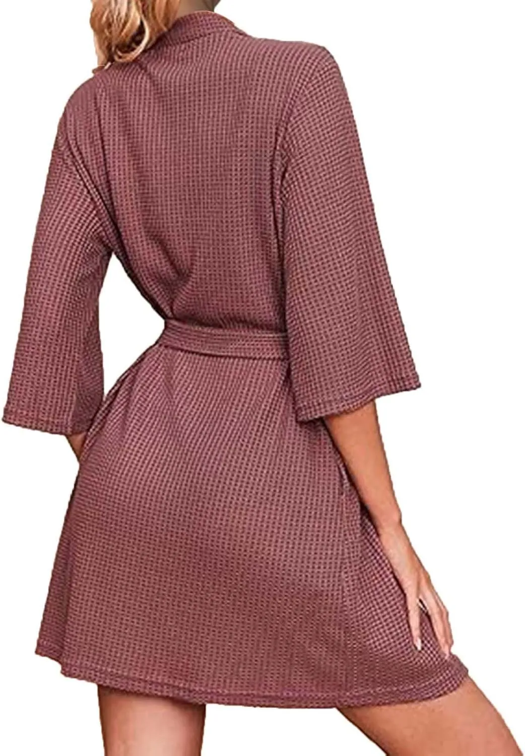 Waffle Bathrobe for Women V-Neck Pajamas Robe Solid Color Sleepwear Long Sleeve Nightgown Casual Bath Gown Nightwear
