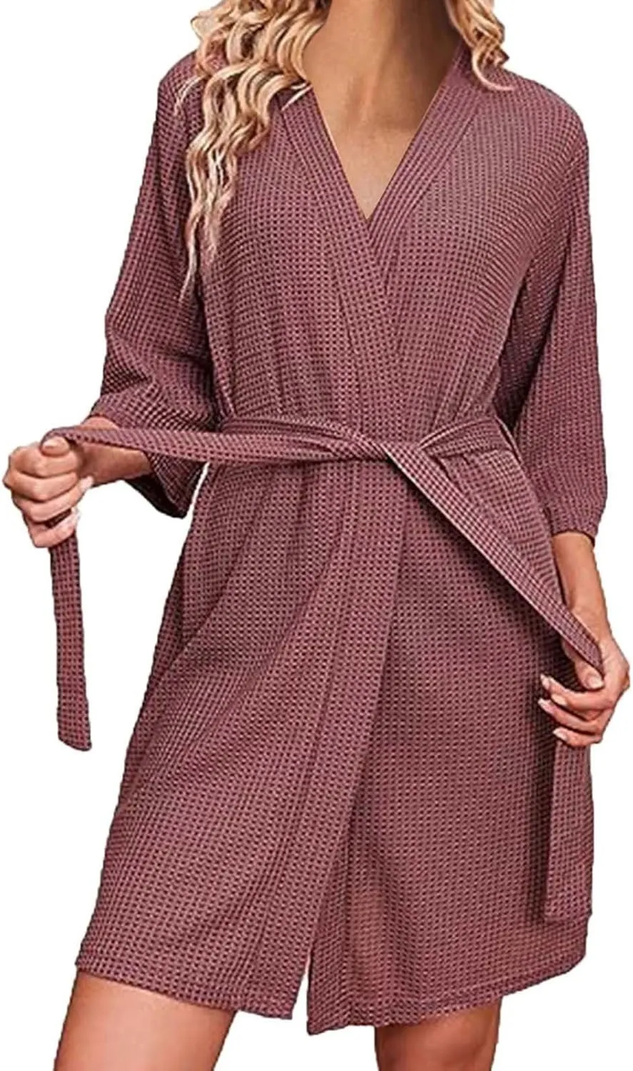 Waffle Bathrobe for Women V-Neck Pajamas Robe Solid Color Sleepwear Long Sleeve Nightgown Casual Bath Gown Nightwear