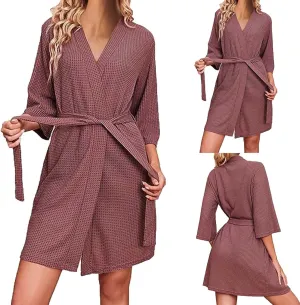 Waffle Bathrobe for Women V-Neck Pajamas Robe Solid Color Sleepwear Long Sleeve Nightgown Casual Bath Gown Nightwear