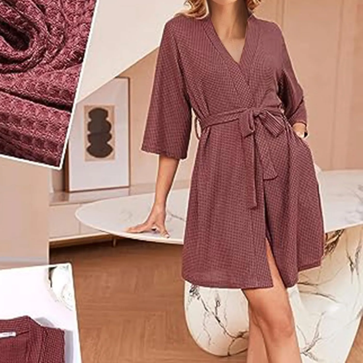 Waffle Bathrobe for Women V-Neck Pajamas Robe Solid Color Sleepwear Long Sleeve Nightgown Casual Bath Gown Nightwear