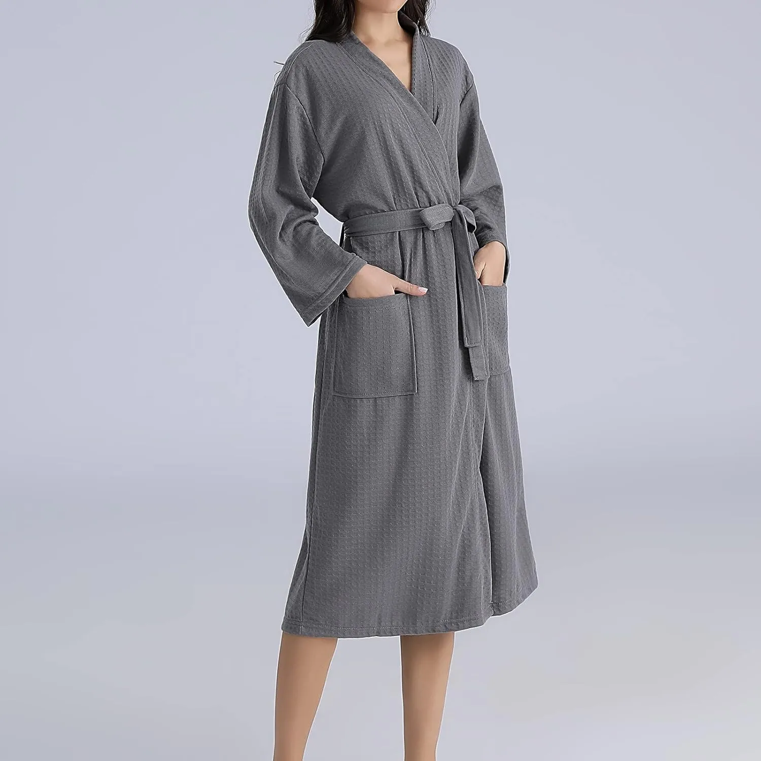 Waffle Sleepwear Robe Womens Long Sleeve Bathrobe Pyjamas with Belt Solid Color Nightwear Pajama Nightgown Nightdress