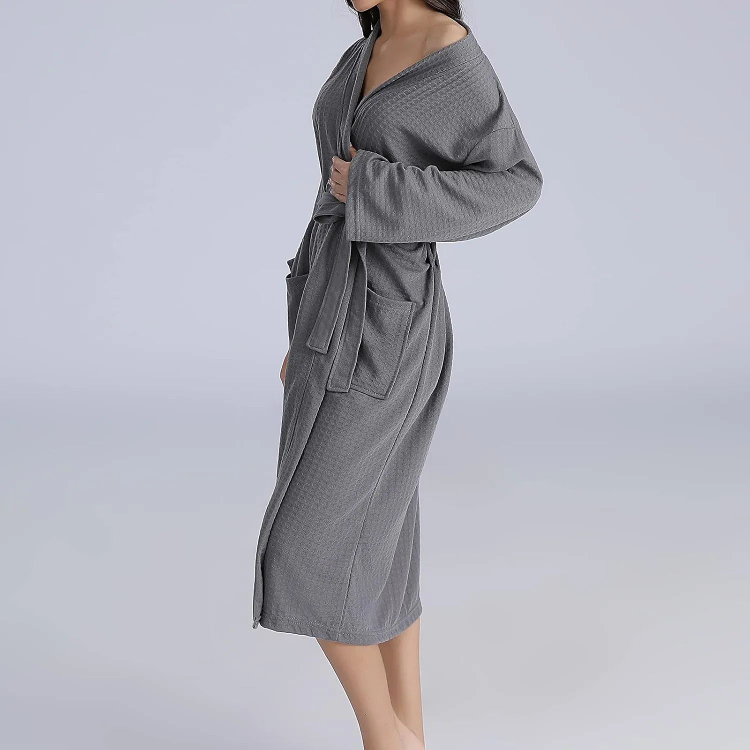 Waffle Sleepwear Robe Womens Long Sleeve Bathrobe Pyjamas with Belt Solid Color Nightwear Pajama Nightgown Nightdress