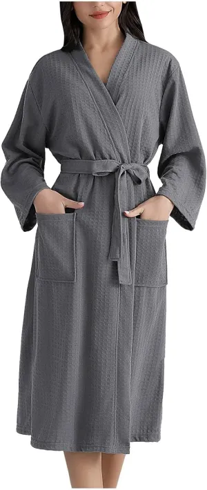 Waffle Sleepwear Robe Womens Long Sleeve Bathrobe Pyjamas with Belt Solid Color Nightwear Pajama Nightgown Nightdress