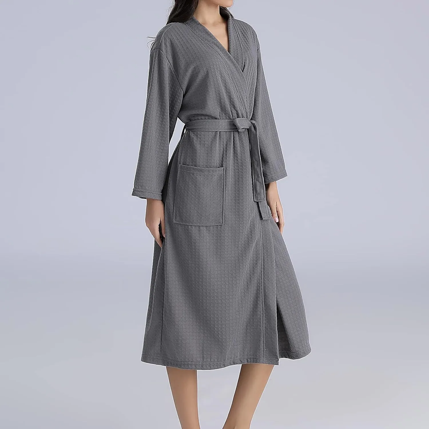 Waffle Sleepwear Robe Womens Long Sleeve Bathrobe Pyjamas with Belt Solid Color Nightwear Pajama Nightgown Nightdress
