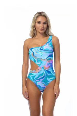 Wavy Print One Shoulder One Piece Swimsuit