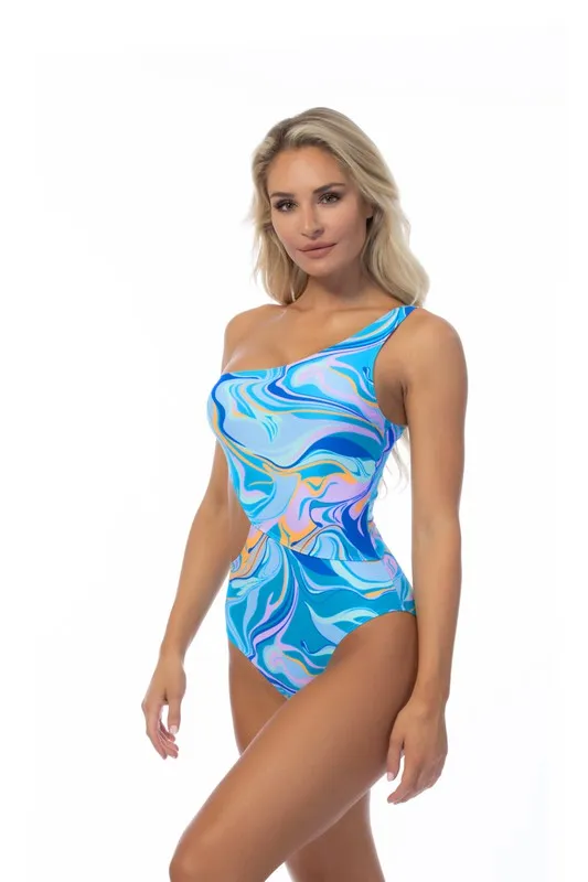 Wavy Print One Shoulder One Piece Swimsuit