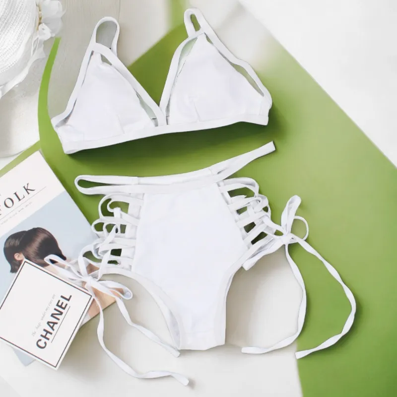 White Lace-Up High-Waisted Bikini Set