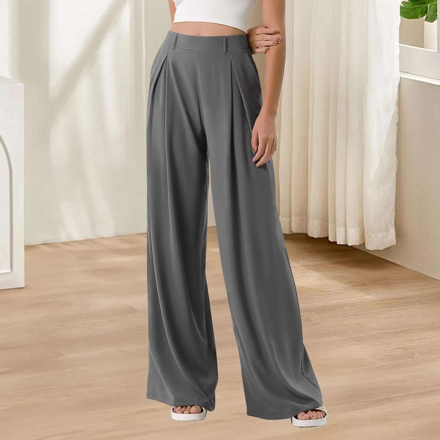 Wide Leg Dress Pants for Women Plus Size Work Pants Comfy Elastic High Waisted Lounge Pants Loose Pull On Dress Pants