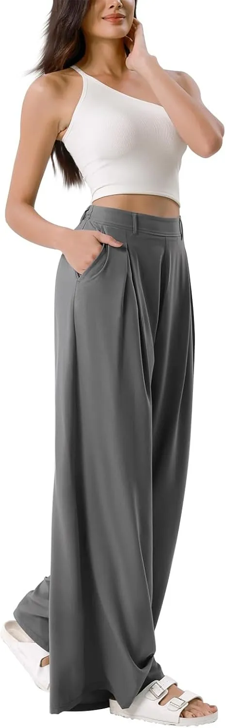Wide Leg Dress Pants for Women Plus Size Work Pants Comfy Elastic High Waisted Lounge Pants Loose Pull On Dress Pants