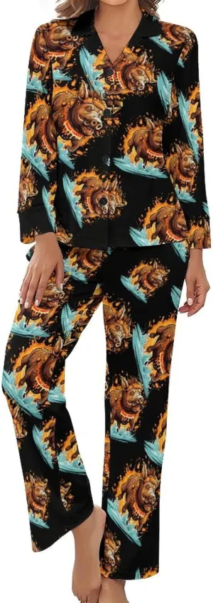 Wild Boar Women's Long Sleeve Pajama Set Soft Button Down Nightwear Loungewear Lounge Sets