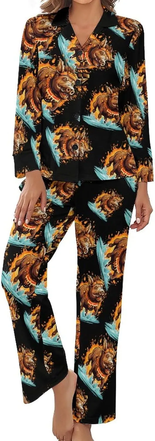 Wild Boar Women's Long Sleeve Pajama Set Soft Button Down Nightwear Loungewear Lounge Sets