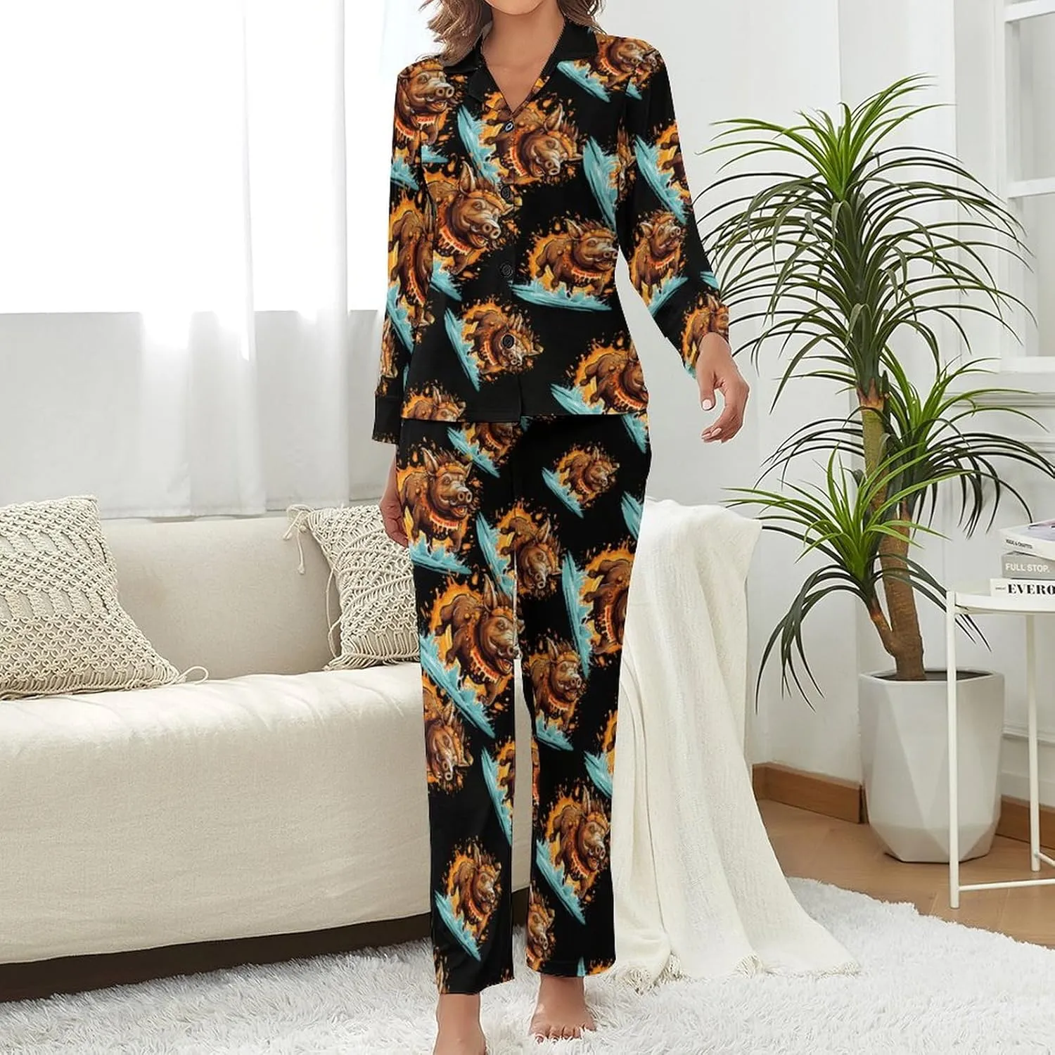 Wild Boar Women's Long Sleeve Pajama Set Soft Button Down Nightwear Loungewear Lounge Sets