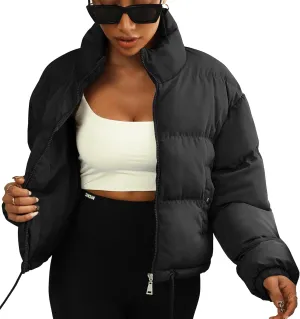 Winter Puffer Jacket Women Cropped Baggy Quilted Coats Long Sleeves Zip Puffy Jackets