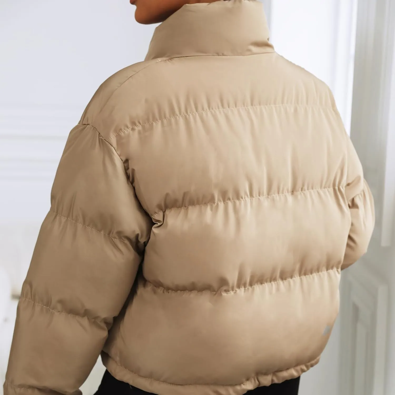 Winter Puffer Jacket Women Cropped Baggy Quilted Coats Long Sleeves Zip Puffy Jackets