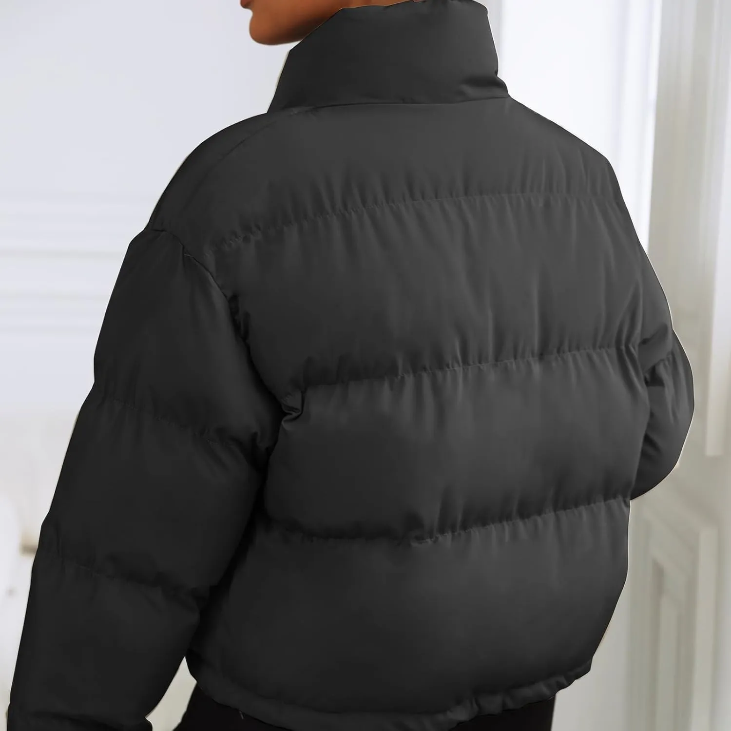 Winter Puffer Jacket Women Cropped Baggy Quilted Coats Long Sleeves Zip Puffy Jackets