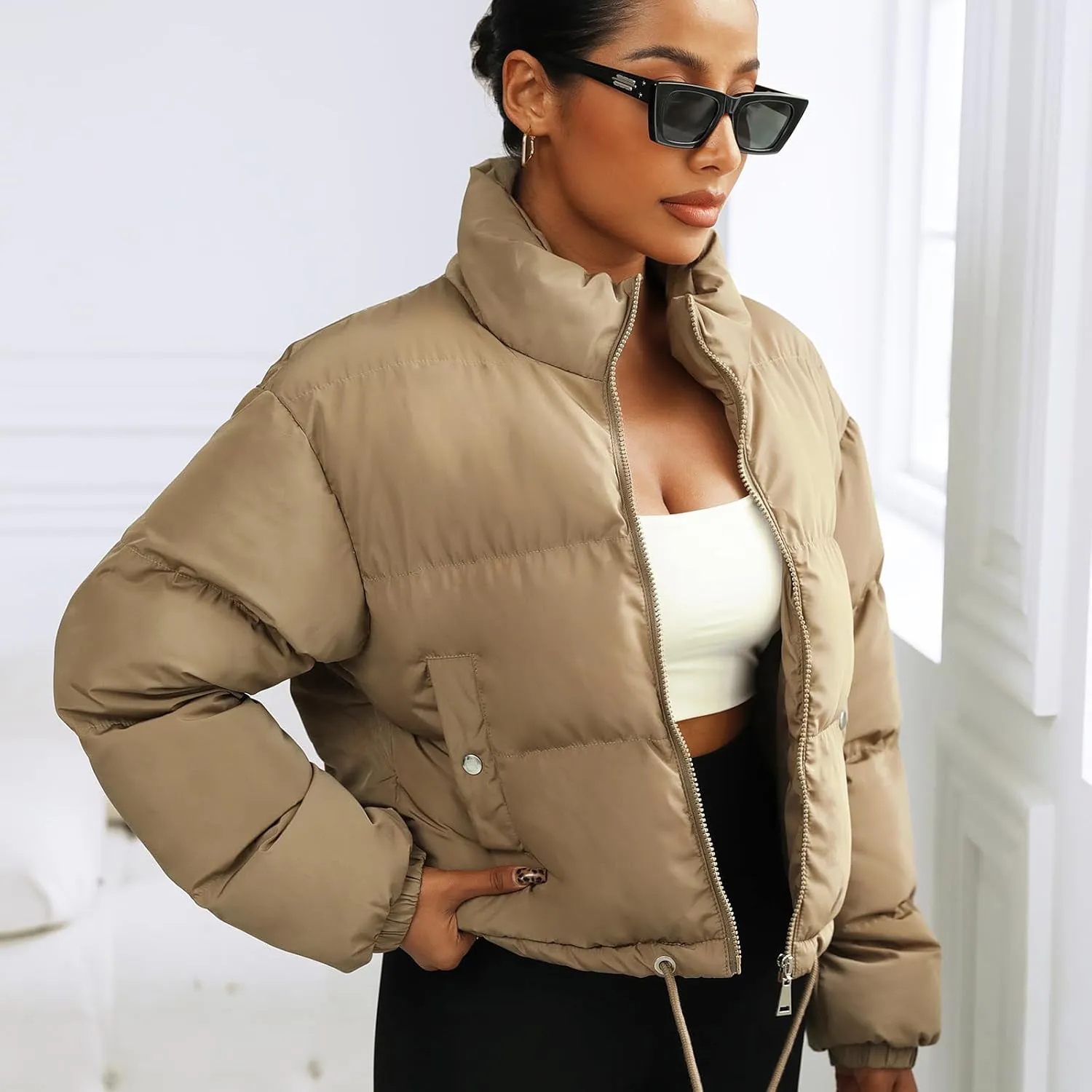 Winter Puffer Jacket Women Cropped Baggy Quilted Coats Long Sleeves Zip Puffy Jackets