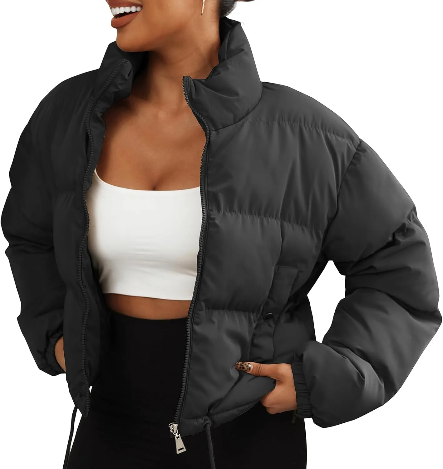 Winter Puffer Jacket Women Cropped Baggy Quilted Coats Long Sleeves Zip Puffy Jackets