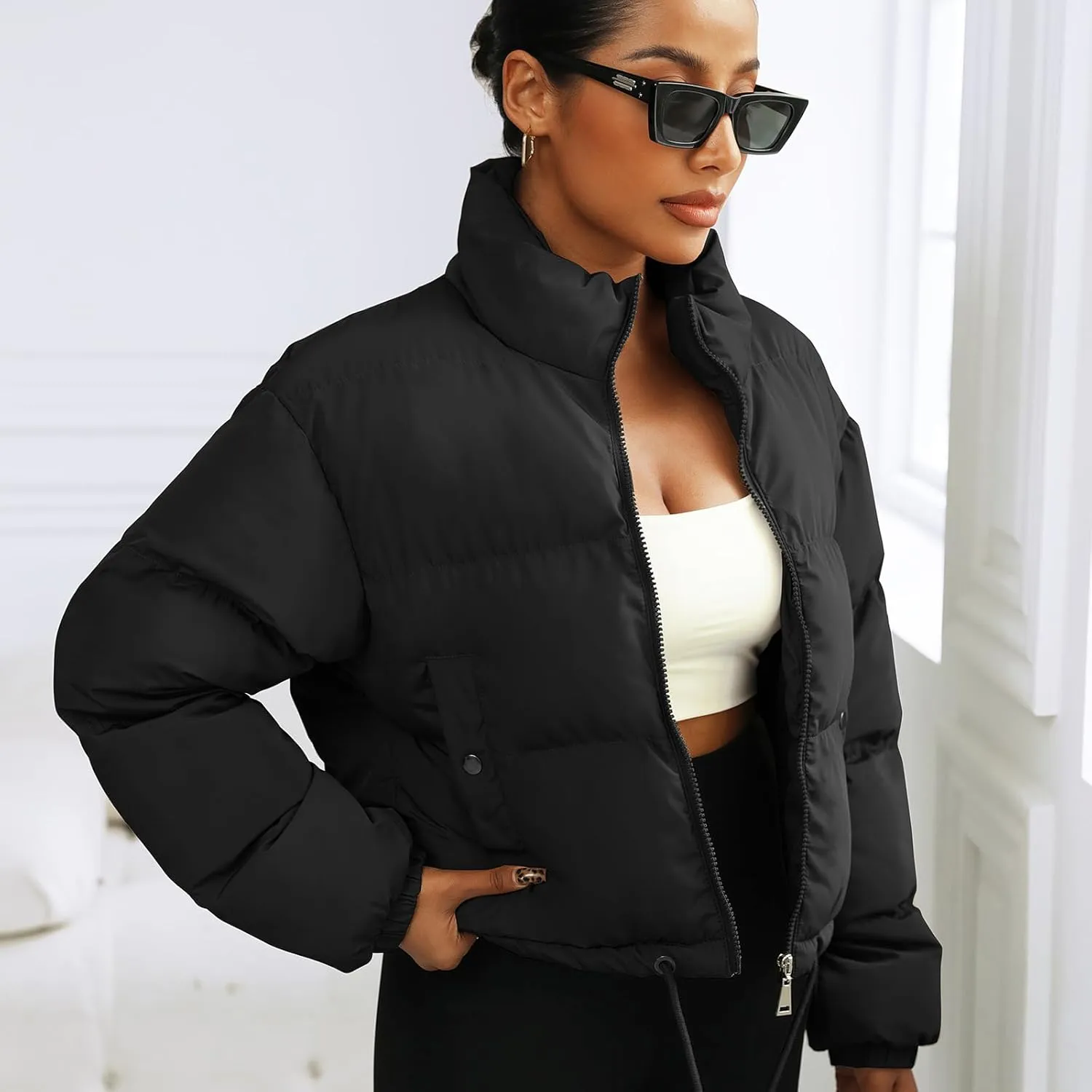 Winter Puffer Jacket Women Cropped Baggy Quilted Coats Long Sleeves Zip Puffy Jackets