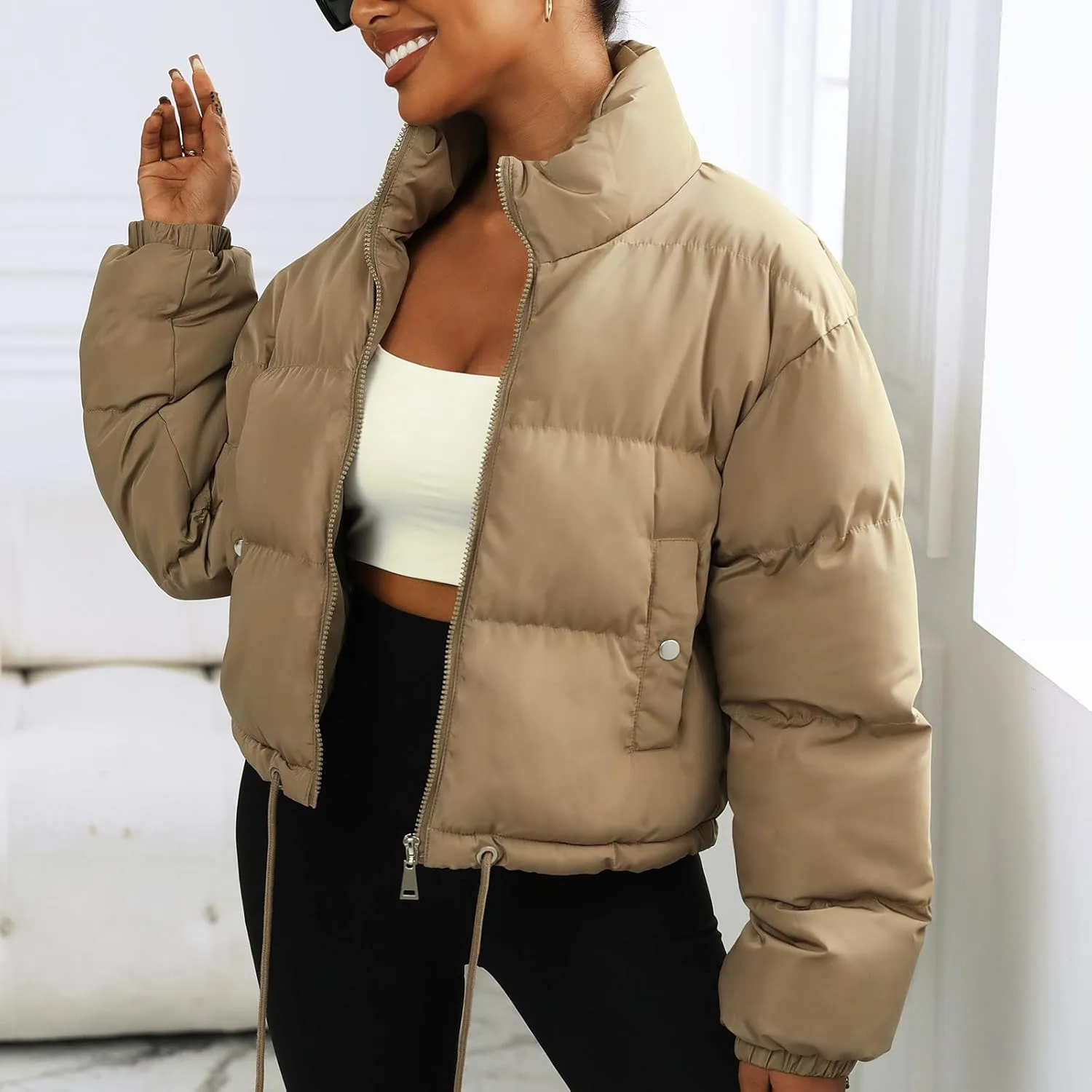 Winter Puffer Jacket Women Cropped Baggy Quilted Coats Long Sleeves Zip Puffy Jackets