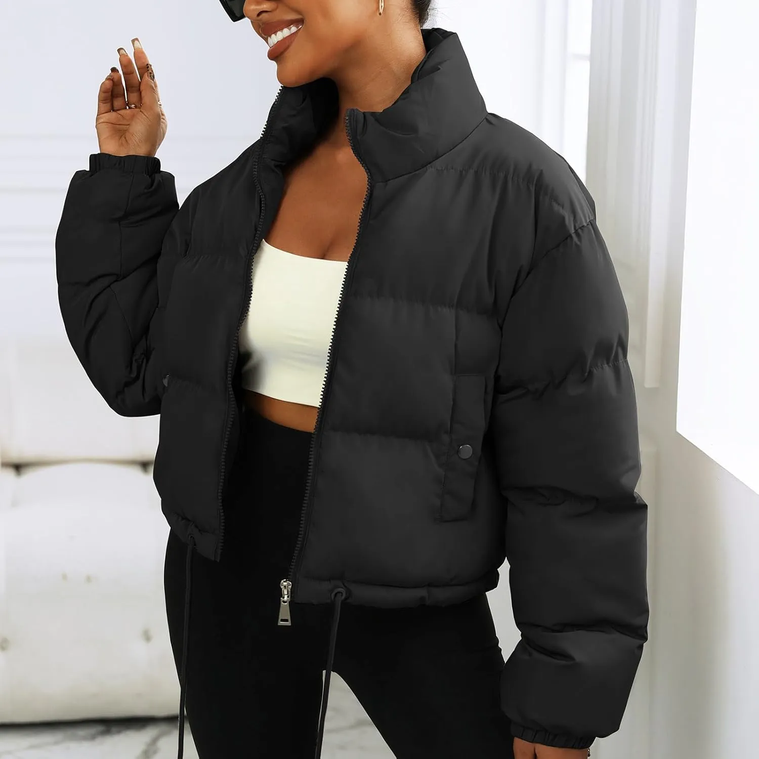 Winter Puffer Jacket Women Cropped Baggy Quilted Coats Long Sleeves Zip Puffy Jackets