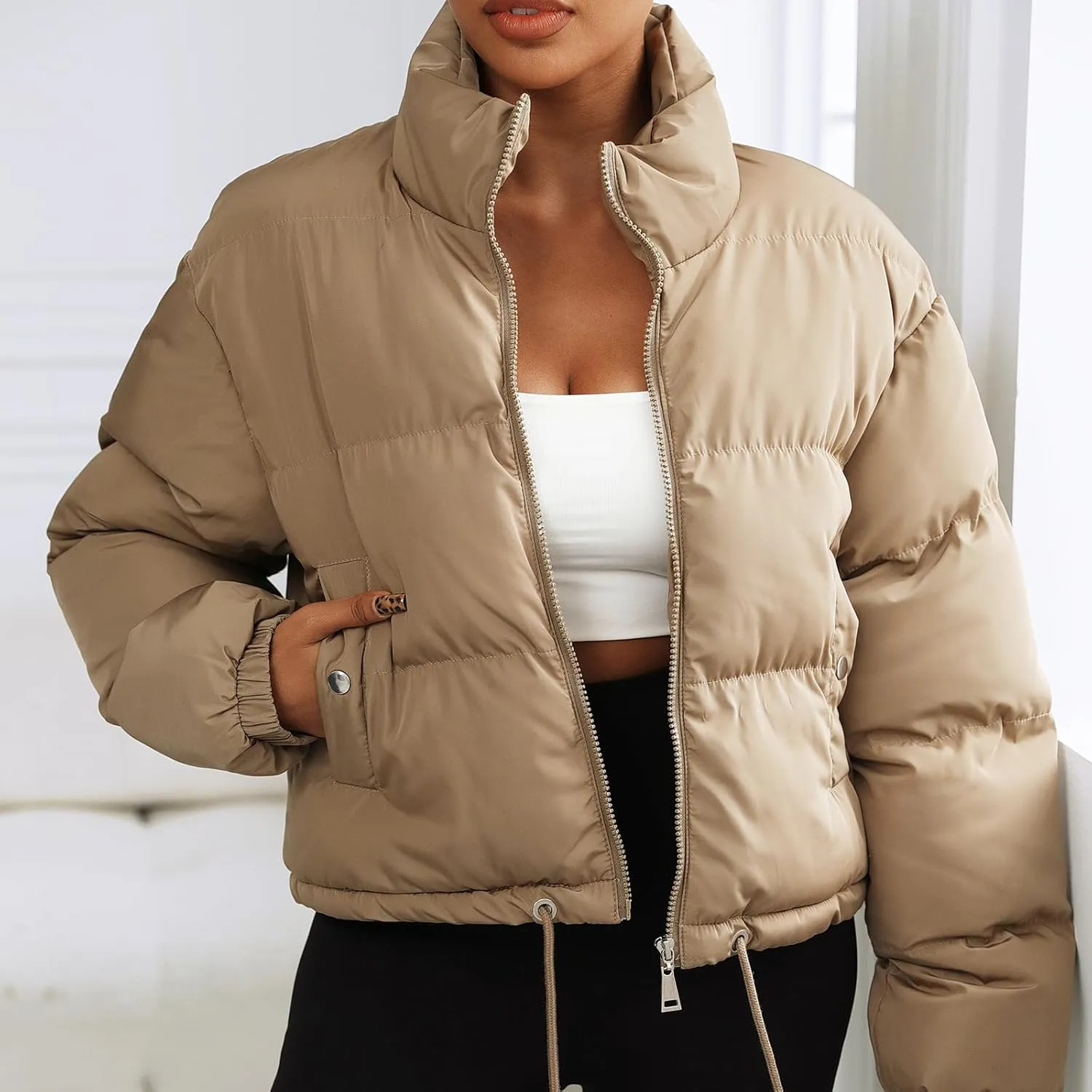 Winter Puffer Jacket Women Cropped Baggy Quilted Coats Long Sleeves Zip Puffy Jackets