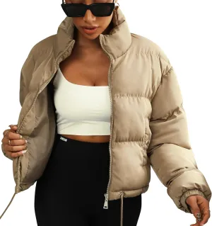 Winter Puffer Jacket Women Cropped Baggy Quilted Coats Long Sleeves Zip Puffy Jackets