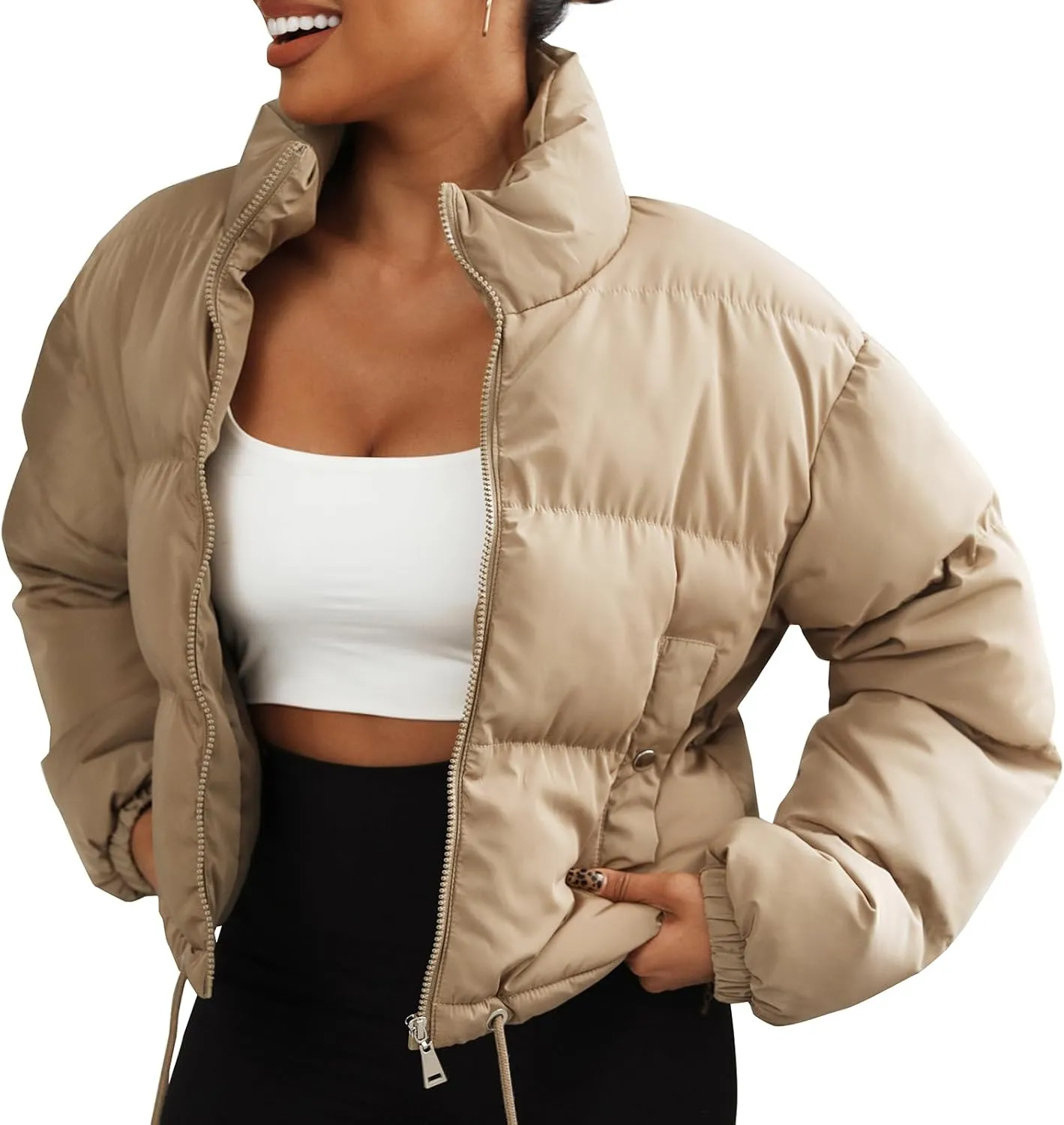 Winter Puffer Jacket Women Cropped Baggy Quilted Coats Long Sleeves Zip Puffy Jackets