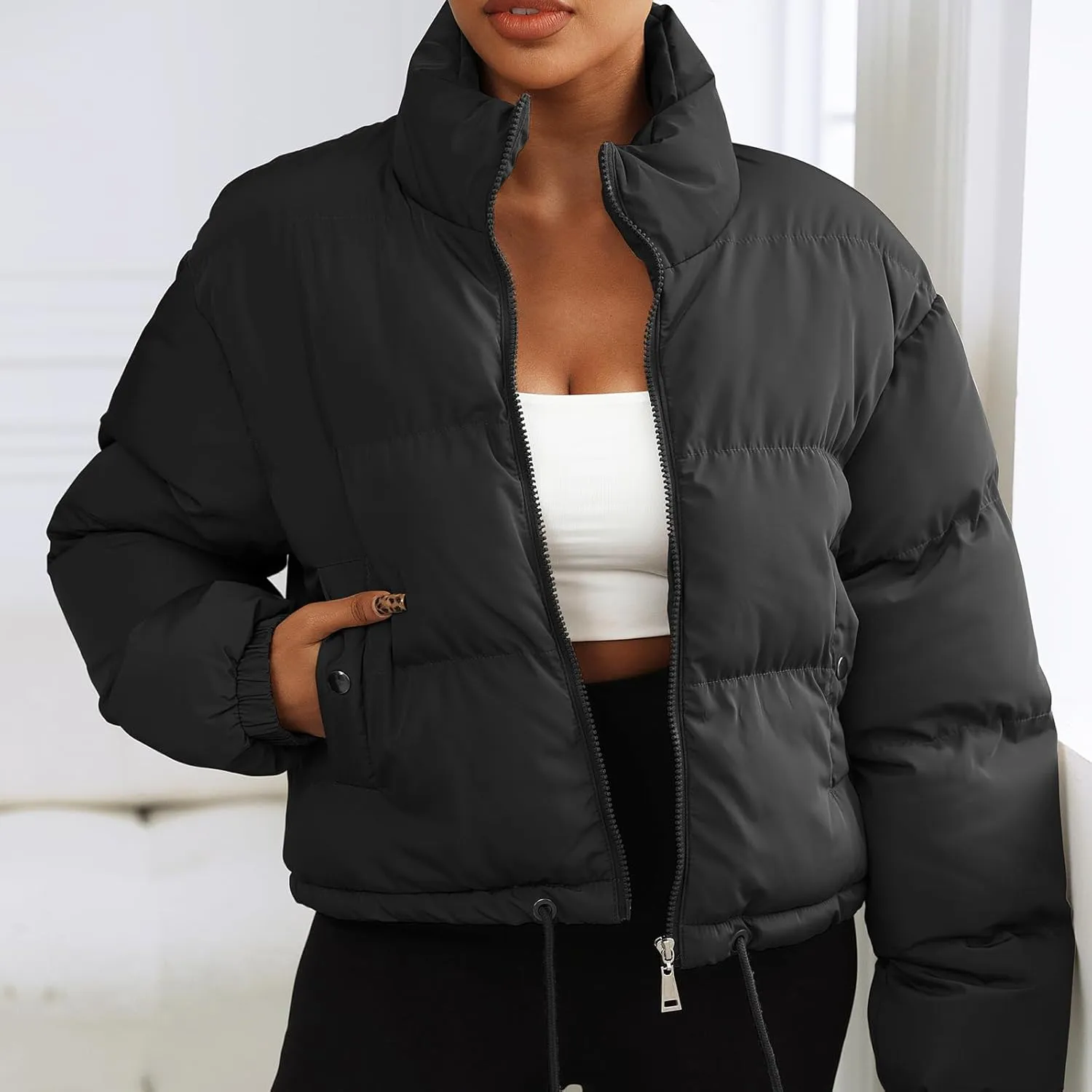 Winter Puffer Jacket Women Cropped Baggy Quilted Coats Long Sleeves Zip Puffy Jackets