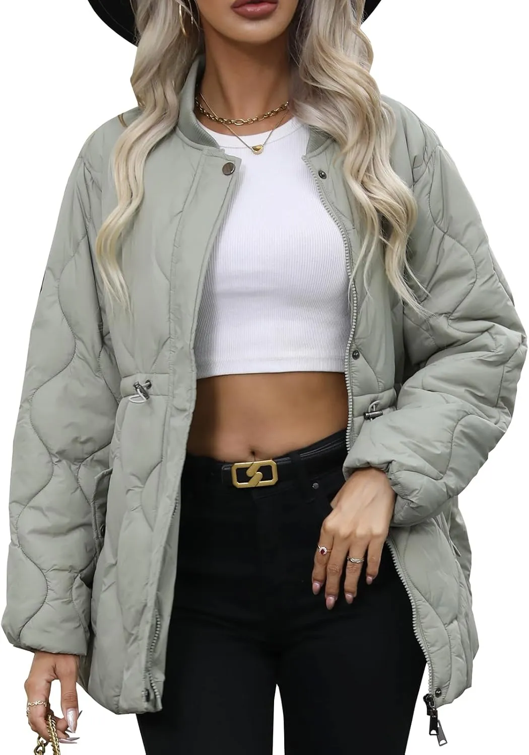 Winter Puffer Jacket Women Quilted Coats Warm Long Sleeves Puffy Jackets Women Down Coat