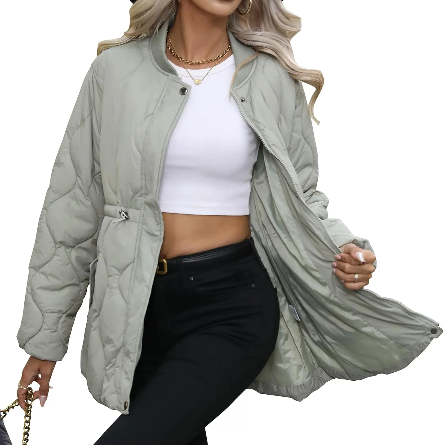 Winter Puffer Jacket Women Quilted Coats Warm Long Sleeves Puffy Jackets Women Down Coat