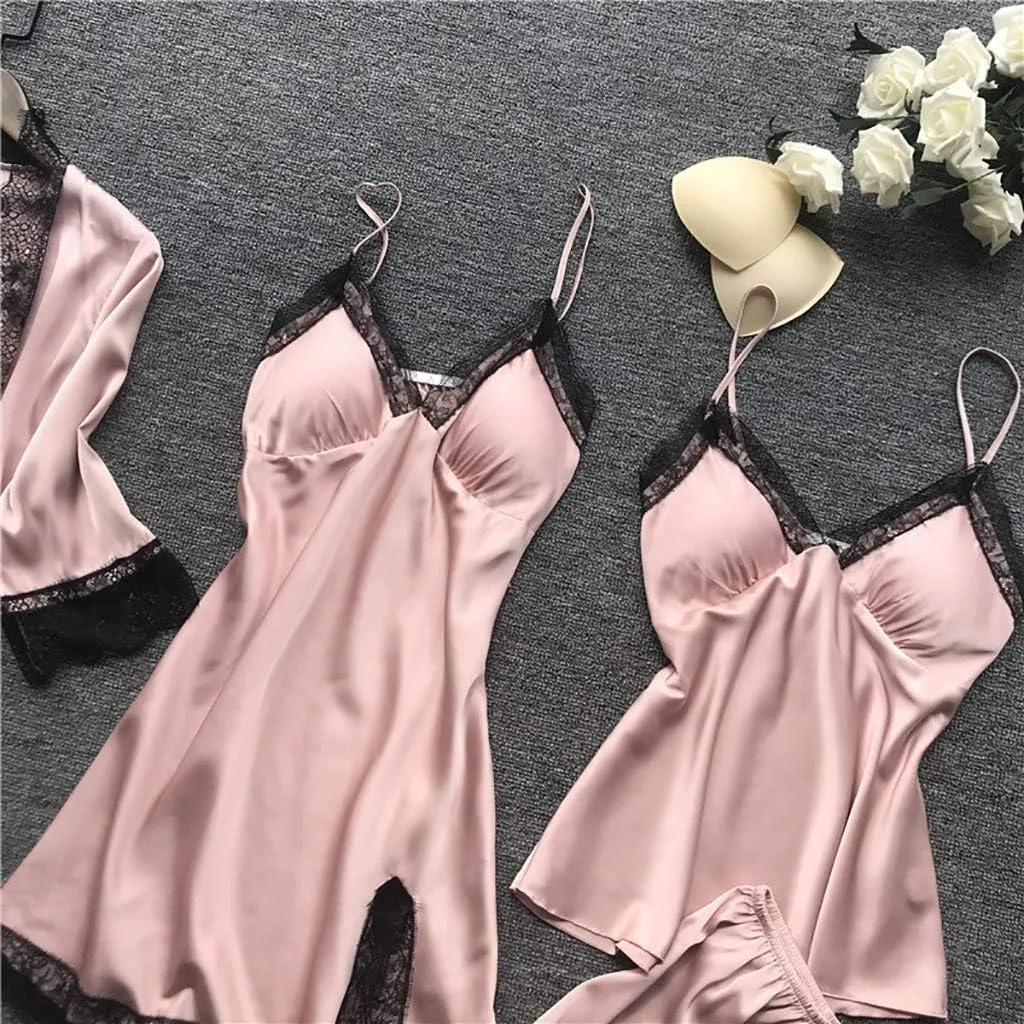 Women 4PCS Pajama Set, Bathrobe Nightdress Shorts Suspenders Pjs Suit Satin Silky Sleepwear Lace Belt Robe for Women