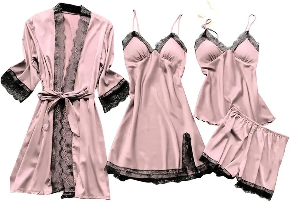 Women 4PCS Pajama Set, Bathrobe Nightdress Shorts Suspenders Pjs Suit Satin Silky Sleepwear Lace Belt Robe for Women