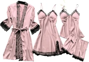 Women 4PCS Pajama Set, Bathrobe Nightdress Shorts Suspenders Pjs Suit Satin Silky Sleepwear Lace Belt Robe for Women