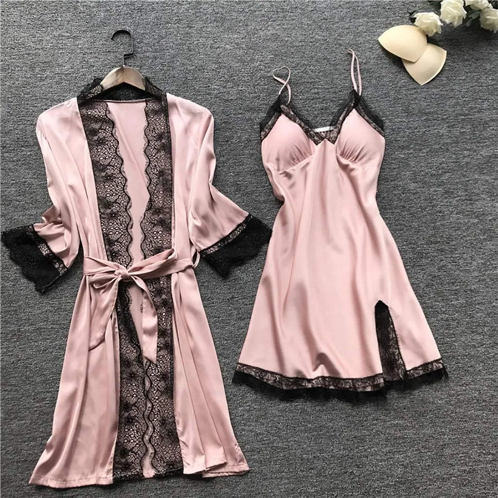Women 4PCS Pajama Set, Bathrobe Nightdress Shorts Suspenders Pjs Suit Satin Silky Sleepwear Lace Belt Robe for Women