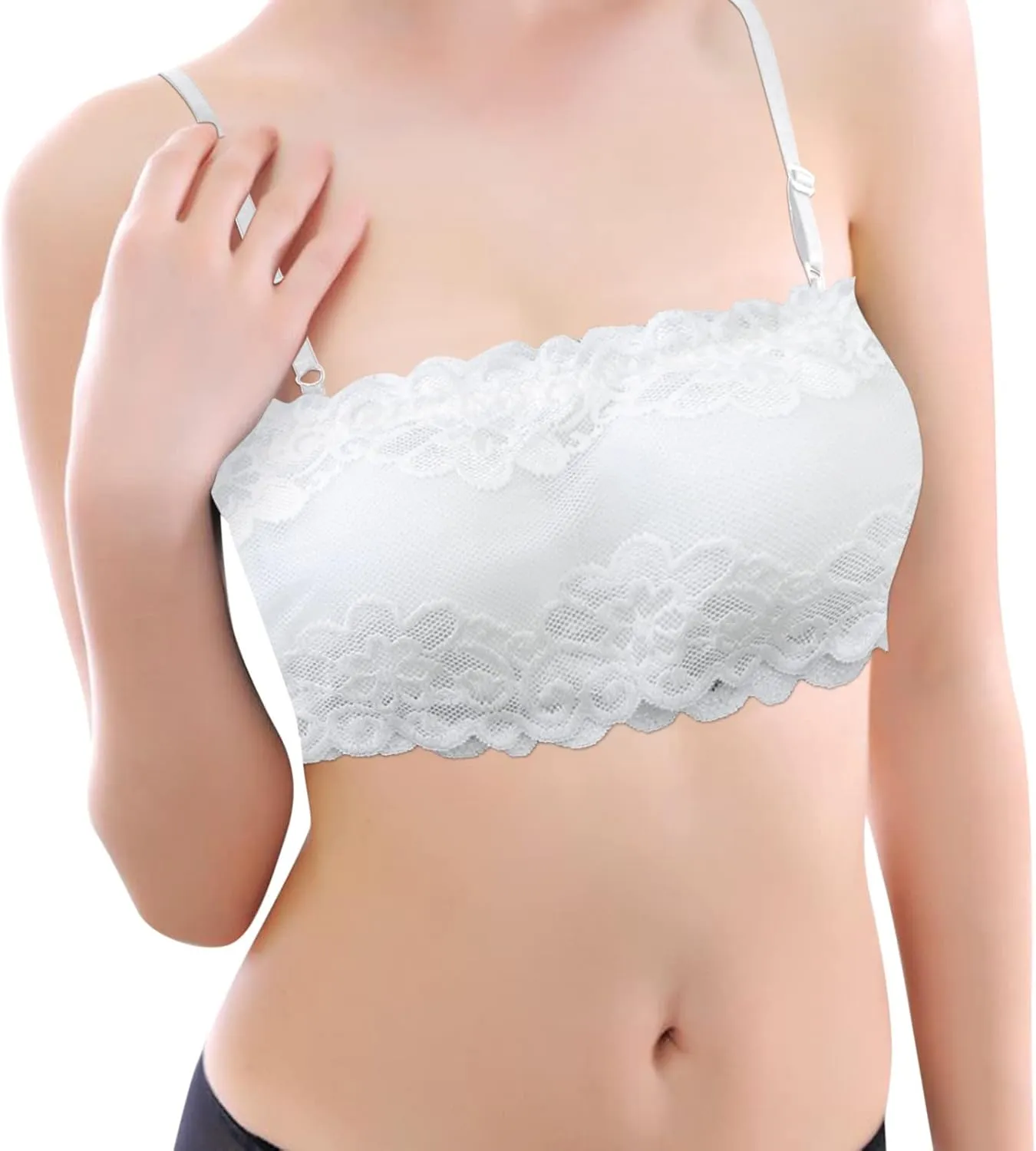 Women Bandeau Crop Tube Top Floral Lace Strapless Full-Coverage Wireless Bra Padded Tank