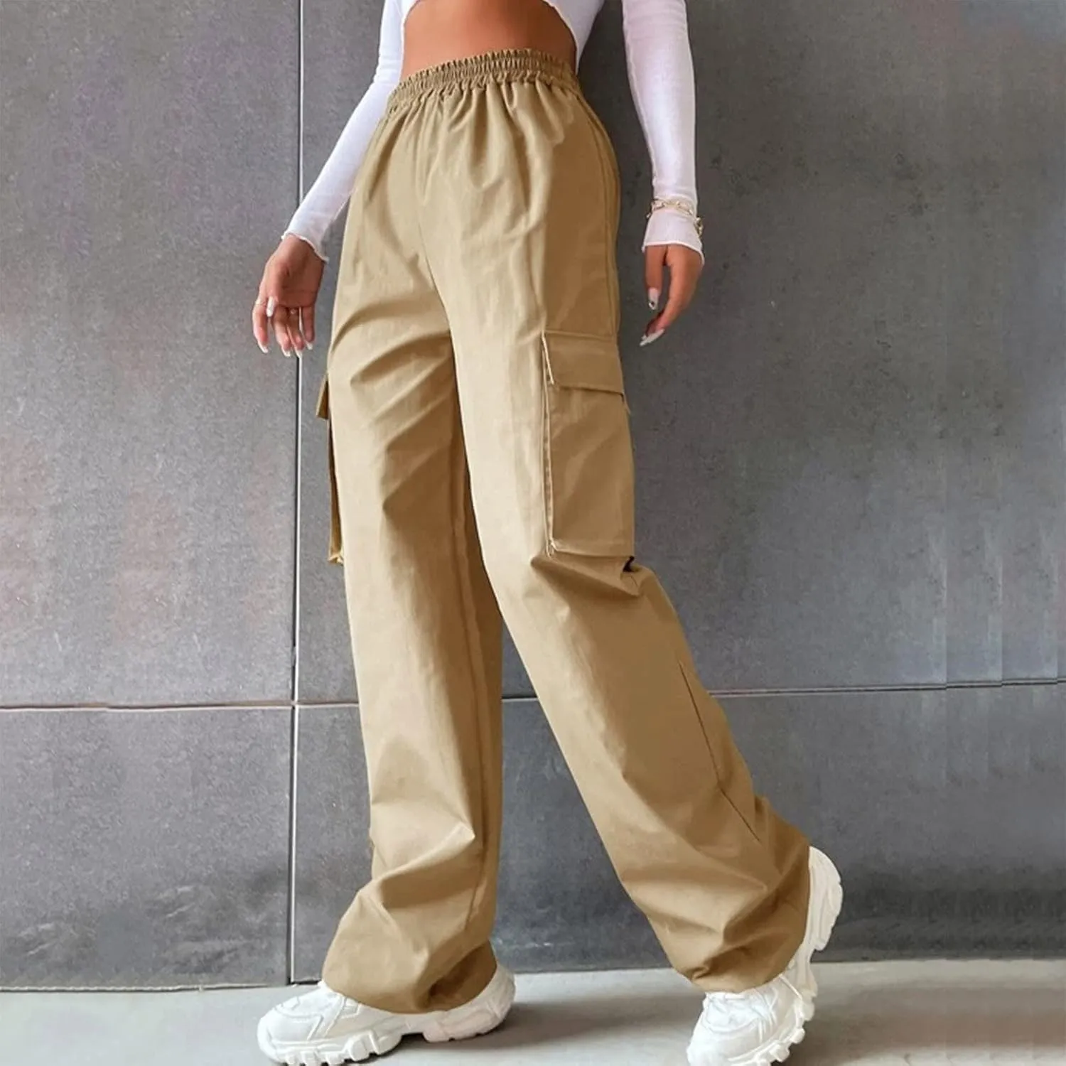 Women Cargo Pants with Pockets Elastic High Waist Casual Work Pants Dressy Straight Wide Leg Trousers 2025 Trendy