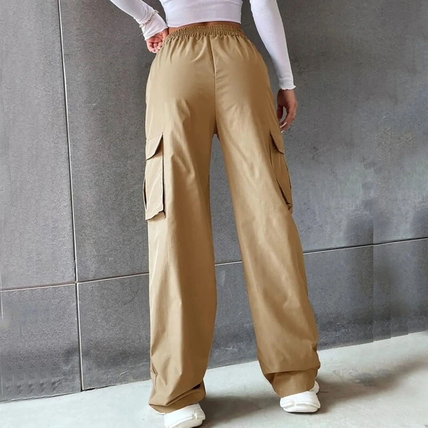Women Cargo Pants with Pockets Elastic High Waist Casual Work Pants Dressy Straight Wide Leg Trousers 2025 Trendy