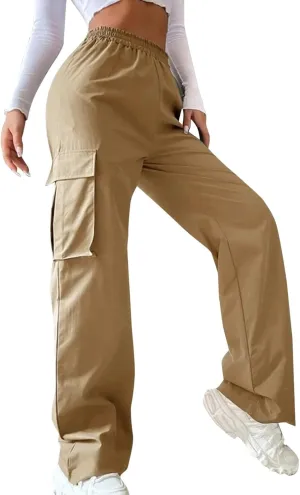 Women Cargo Pants with Pockets Elastic High Waist Casual Work Pants Dressy Straight Wide Leg Trousers 2025 Trendy